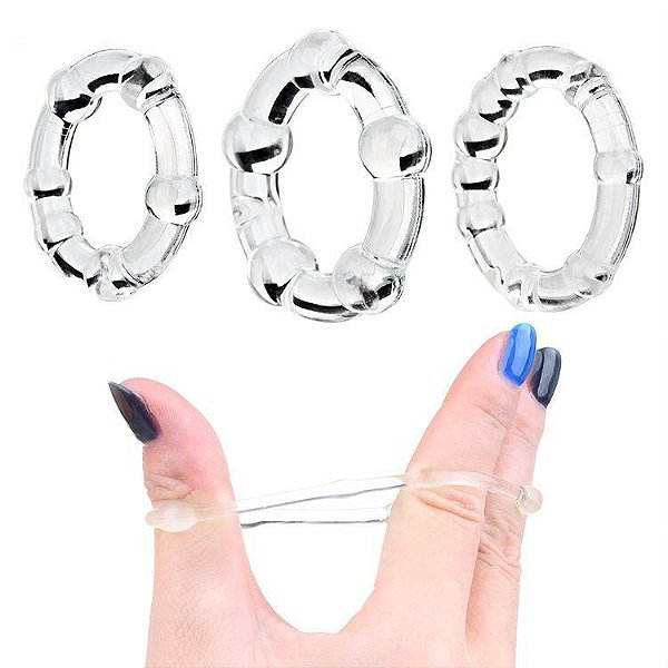 Kit com 3 Anéis Penianos e Nódulos Massageadores TRANSPARENTE – STAY HARD