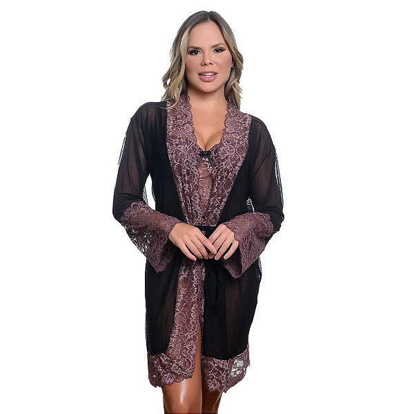 Robe Tule com Detalhes em Renda MARROM- NÃO ACOMPANHA LINGERIE