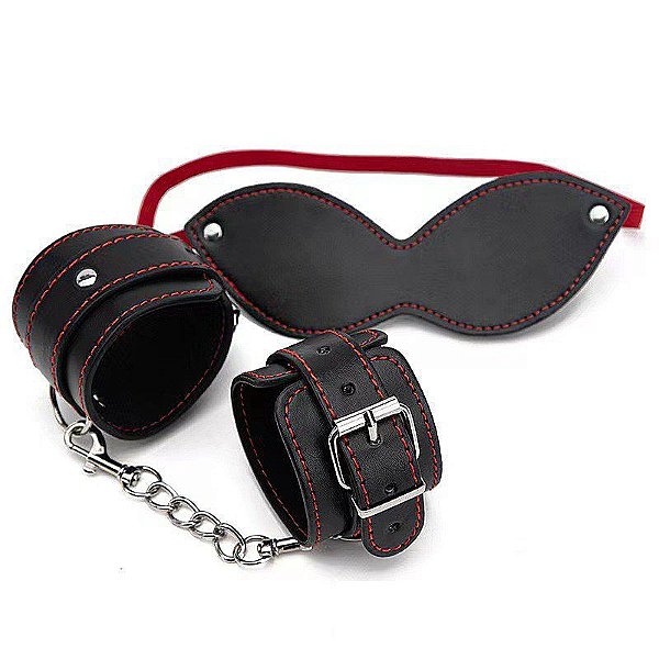 Kit Sado com Algema Bracelete e Venda SUPER RESISTENTE Preta