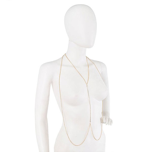 Colar de Corpo com Corrente Dourada e Detalhe Central com Strass