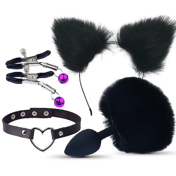 Kit Plug de Coelho com Tiara de Orelhas (Grampos em Metal e Gargantilha)