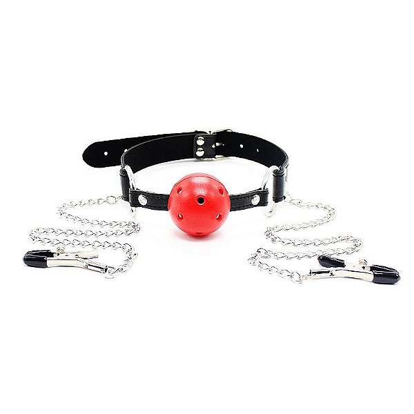 Mordaça com Bola Red e Grampos de Mamilo
