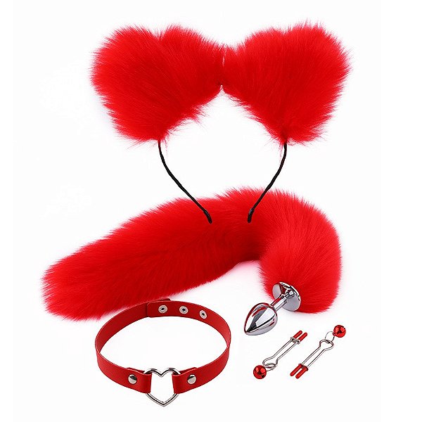 Kit Apaixonada com 4 Peças Vermelho  (Plug Cauda, Orelha, Prendedor e Coleira)