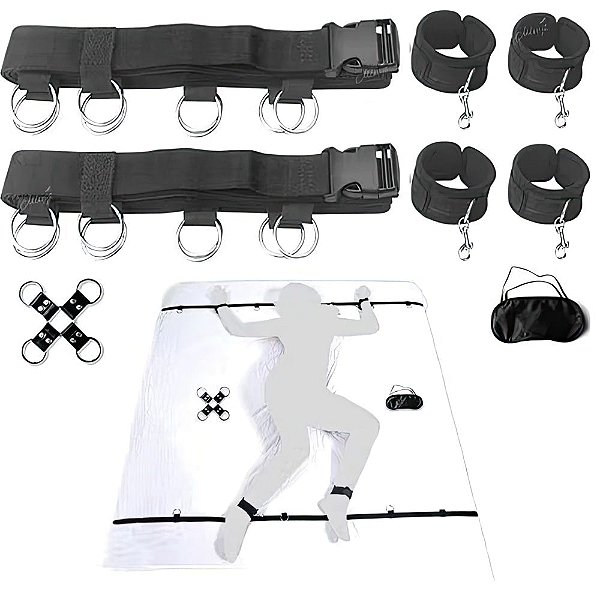 Kit de Bondage com 5 peças (Amarra + Restritor + Venda + Algema Pé + Algema Mão)