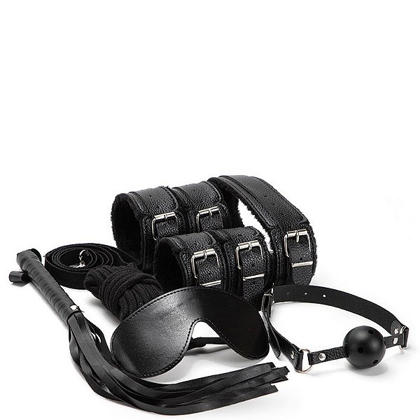 Kit Bondage com 7 Peças (Venda, Mordaça, Par de Algemas e Tornozeleiras, Chicote e Coleira)