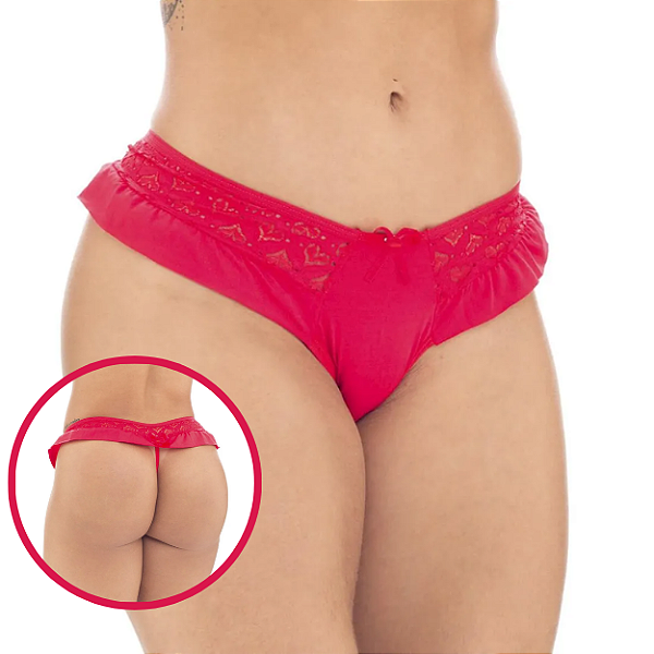 Calcinha Fio em Renda e Babados Iulli - Tamanho M - VERMELHO