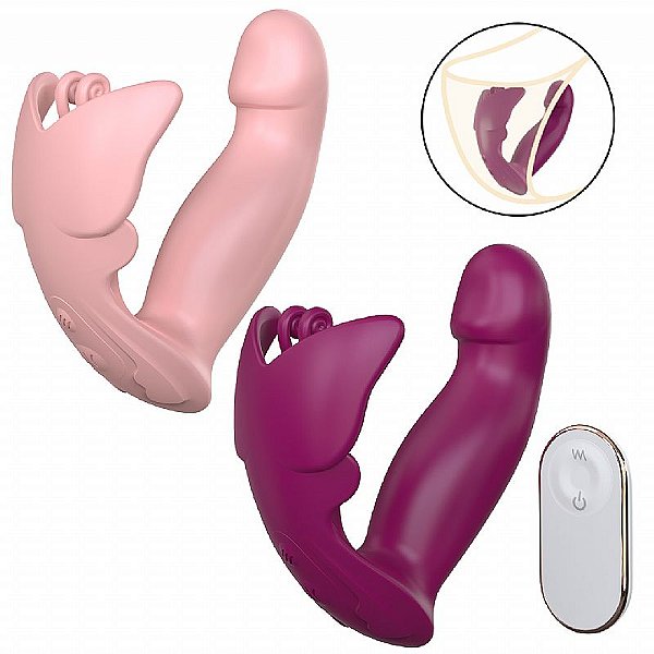 Vibrador de Ponto G e Clitoris em Formato de Penis e Borboleta com Controle