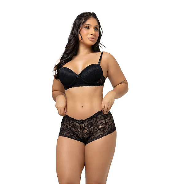 Conjunto Rendado Marjorie com Sutia e Calecon com BOJO - PRETO