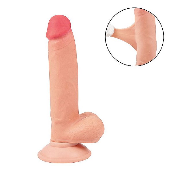 Protese 14 x 3cm Dupla Camada com Escroto e Ventosa Removivel - BEGE