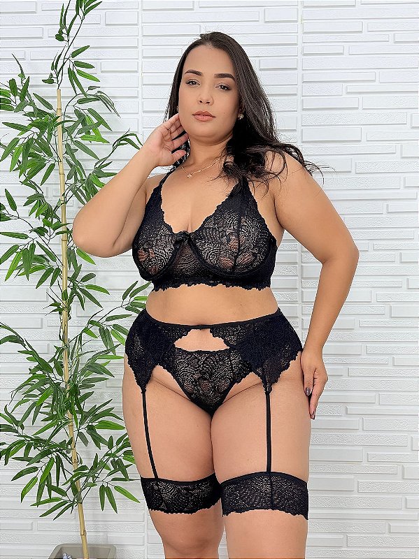 Conjunto Cintia Plus Size em Renda - PRETA