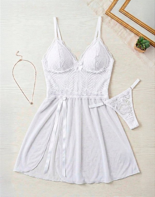 Camisola Annie Sexy em Tule com Fenda e Calcinha - BRANCO