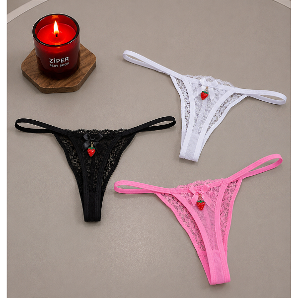 Tanga de Renda Sexy com Detalhe Moranguinho - Regulavel