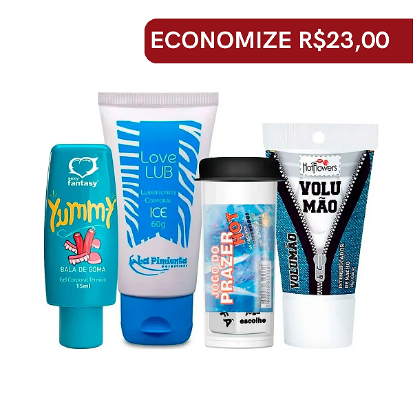 Combo Jogo da Sedução: Gel Oral Yummy Bala de Goma + Lubrificante Ice + Volumão + Dadinhos do Prazer