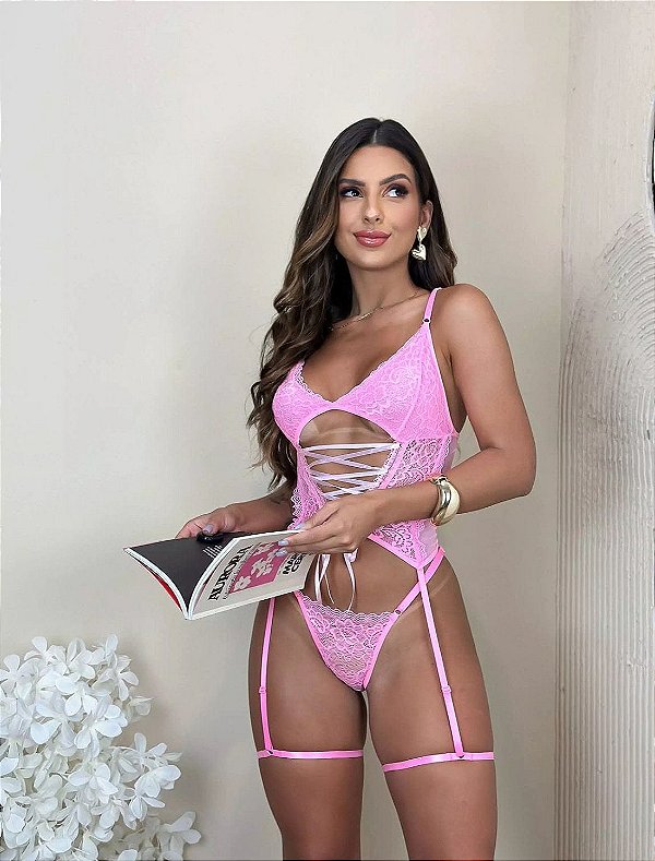 Conjunto Anitta em Renda com Fita e Cinta Liga ROSA
