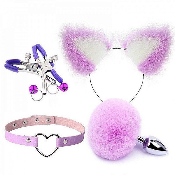 Kit rabo de coelho tiara de orelhas - grampos para os seios em metal e gargantilha