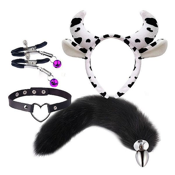 Kit rabo de raposa com tiara de orelhas grampos para os seios e gargantilhas
