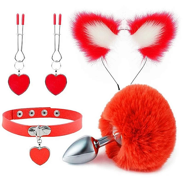 Kit rabo de coelho com tiara de orelhas- gargantilha e grampo para os seios em metal