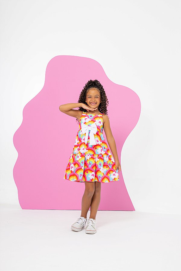 Vestido Infantil Rodado Arco-Íris e Corações - Crepe Moss