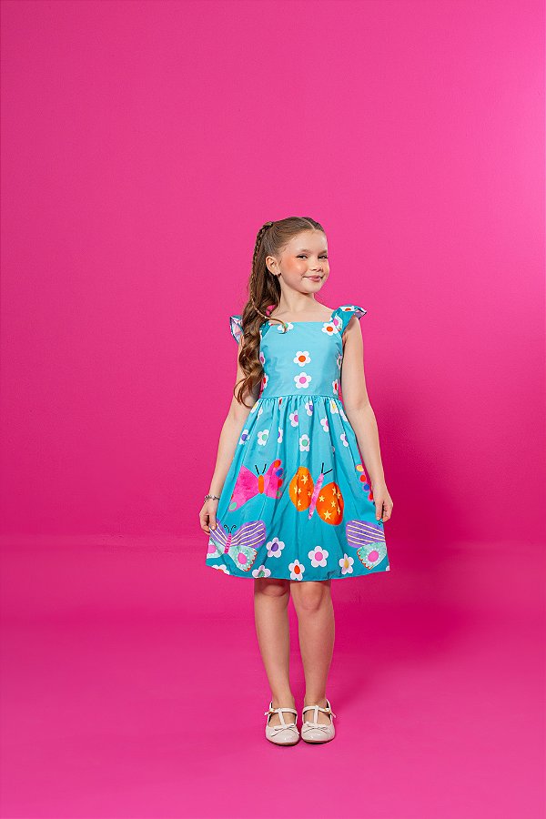 Vestido Infantil Rodado Azul Estampa Borboletas e Flores