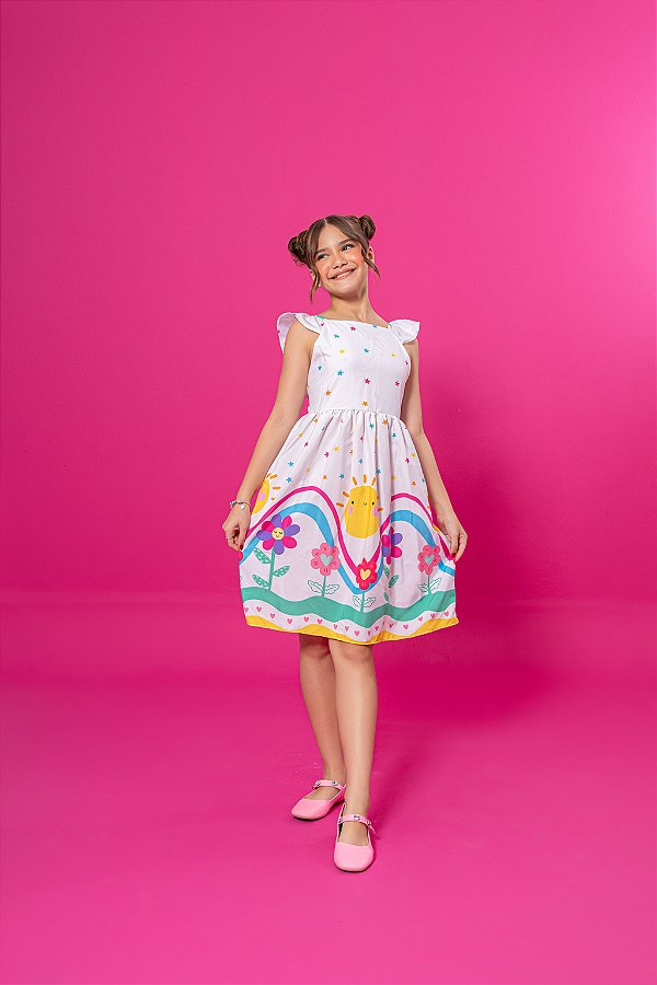 Vestido Infantil Rodado Branco Estampa Flores no Jardim