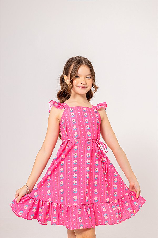 Vestido Rodado Menina Estampado Flores Vibrantes