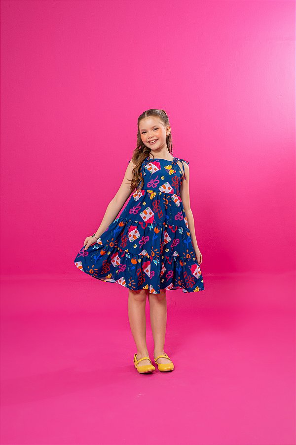 Vestido Infantil Rodado Rosa Claro Estampa Casinha, Borboletas e Flores Azul Marinho