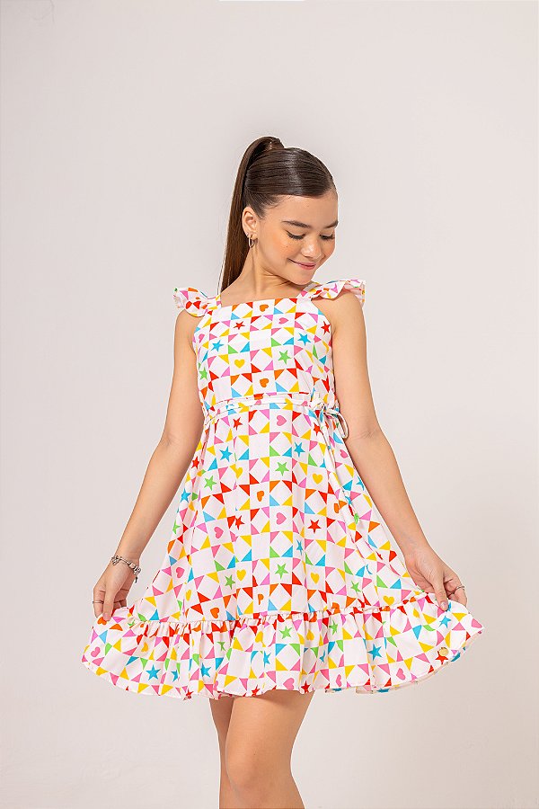 Vestido Infantil Trapézio com Estampa Geométrica Colorida