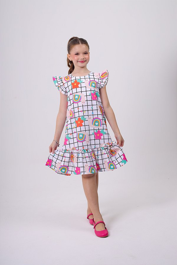 Vestido Casual Infantil com Quadriculado e Desenhos Coloridos