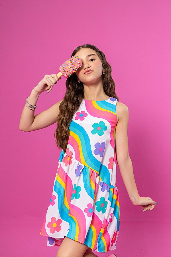 Vestido Infantil Estampa Arco-Íris e Flores