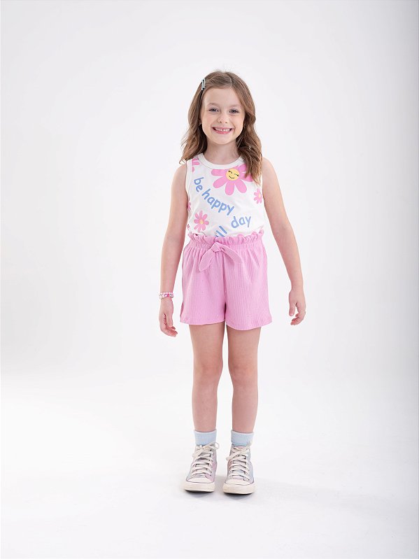 Conjunto Infantil Verão - Regata "Be Happy" e Shorts Rosa