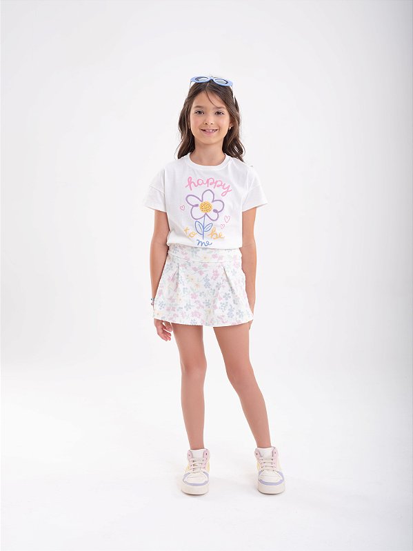 Conjunto Infantil Verão - T-Shirt "Happy To Be Me" e Shorts Saia Floral Delicado