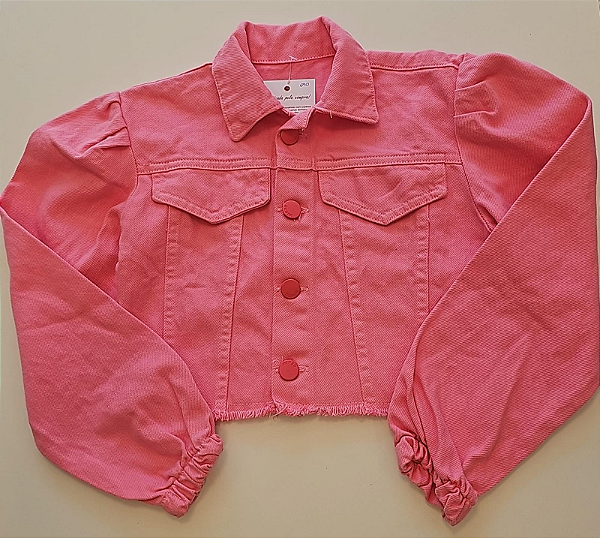 Jaqueta Jeans Cropped Infantil Rosa com Manga Bufante