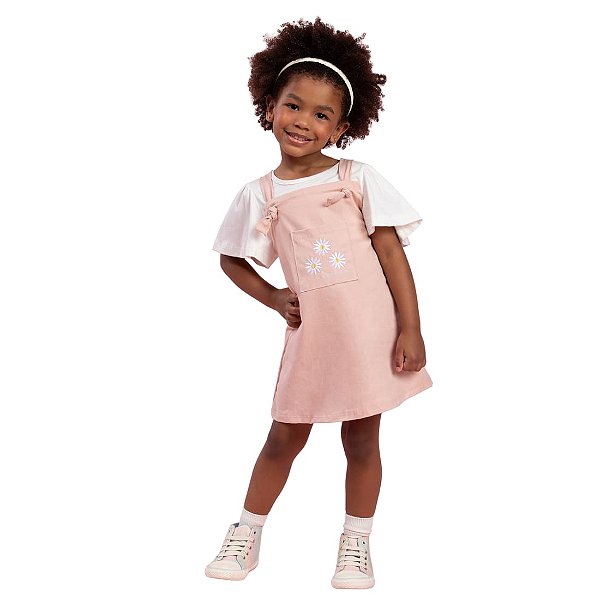 Vestido Salopete Infantil Rosa com Detalhe de Margaridas