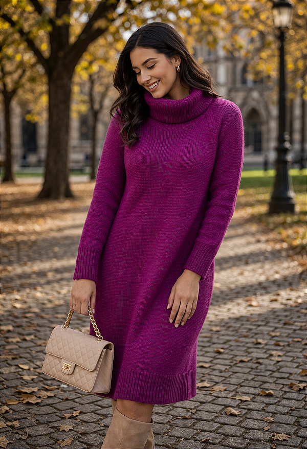 VESTIDO GOLA ALTA DETALHE TRANÇA EM TRICOT