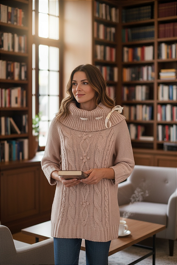 BLUSA COM GOLA ALTA E PASSAFITA EM TRICOT