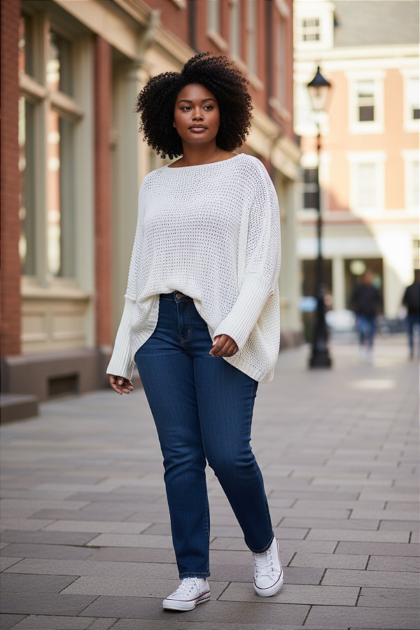 BLUSA AMPLA PUNHOS LARLGOS EM TRICOT