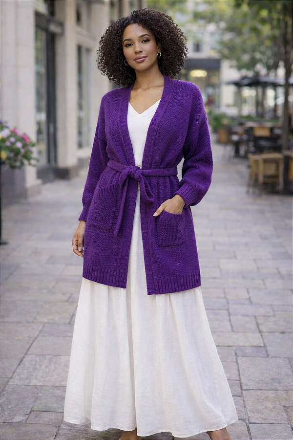 CASACO MANGA BALÃO COM CINTO EM TRICOT