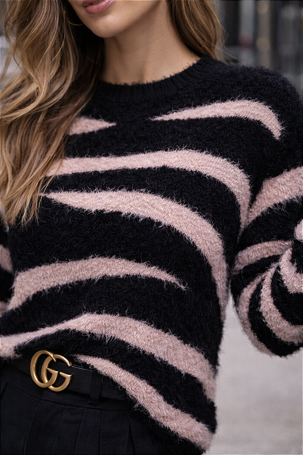 BLUSA ONDAS BICOLOR EM TRICOT MOUSSE