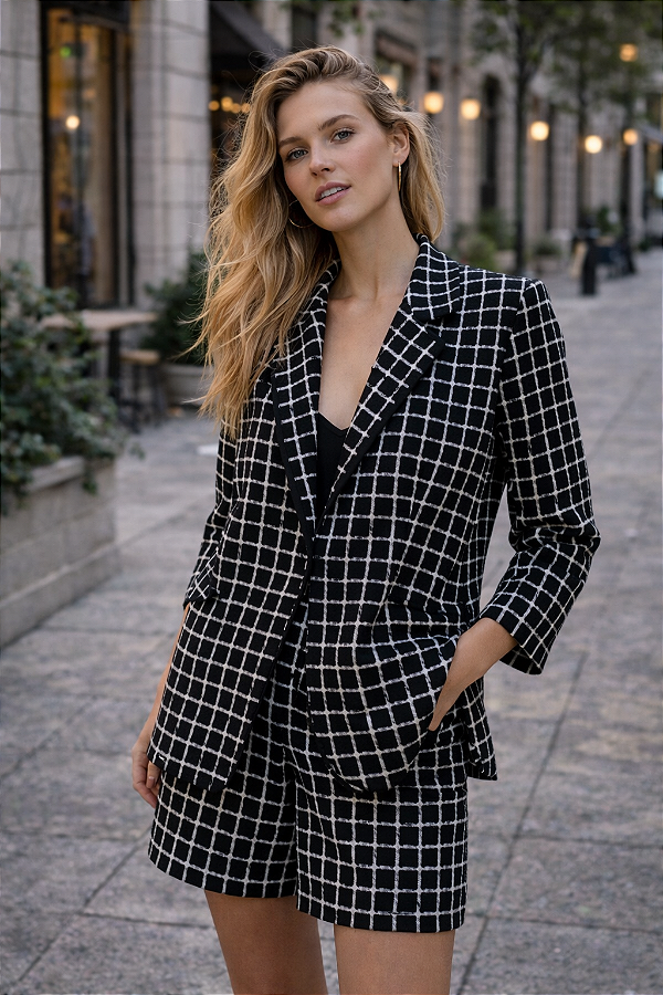 CONJUNTO DE SHORTS E BLAZER XADREZ EM TRICOT