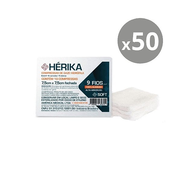 American Medical Compressa de Gaze Hidrófila Estéril Hérika Soft 15x26cm 9 Fios com 10un - Kit 50un