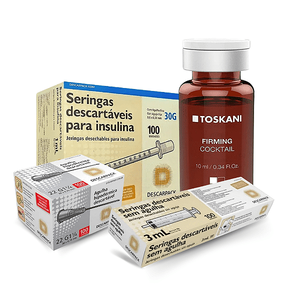 Kit Toskani Firming Cocktail + Seringa Hipodérmica Luer Slip + Agulha Hipodérmica Cinza + Seringa de Insulina