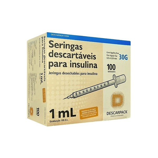 Descarpack Seringa de Insulina 1ml com Agulha Fixa 8x0,3mm (30G) com 100un