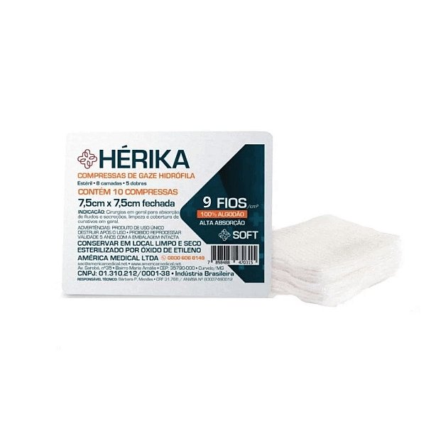 American Medical Compressa de Gaze Hidrófila Estéril Hérika Soft 15x26cm 9 Fios com 10un