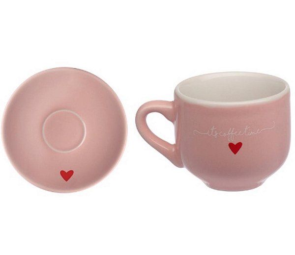 Jogo C/12 peças 6 Xícaras C/6 pires Café Porcelana 90ml Lamour ROSA Hauskraft