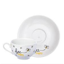 Jogo C/12 peças 6 Xícaras 6 c/pires Chá Porcelana 160ml Branco Abelha Honey Hauskraft