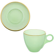 Jogo 8 Peças Xicara Chá Com Pires Vidro Matte Verde Com Borda Dourada 170ml