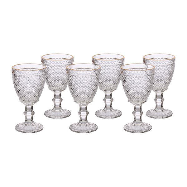 Taça de Vidro Bico de Jaca Para Água Com Borda Dourada- 6 PEÇAS