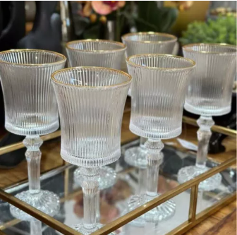 Jogo Taça Para Água e Vinho de Vidro  Graffiato com Borda Dourada 260ML 6 Peças