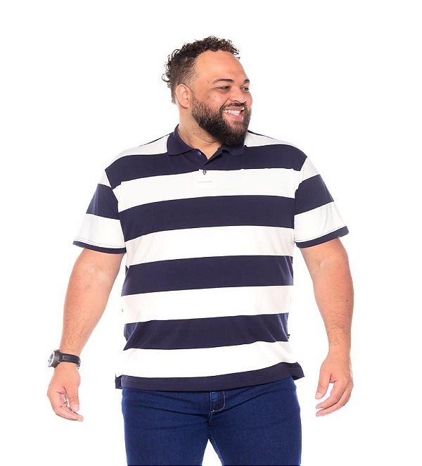 Camiseta Gola Polo Listrada Plus Size Masculino Marinho Com Branco XP Ao G5