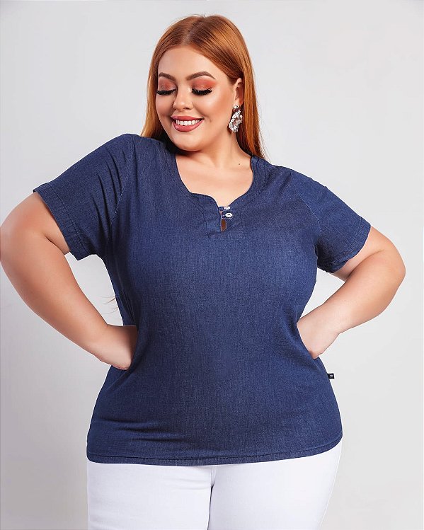 Camisa Jeans Feminina Manga Curta Plus Size Pequenos Defeitos